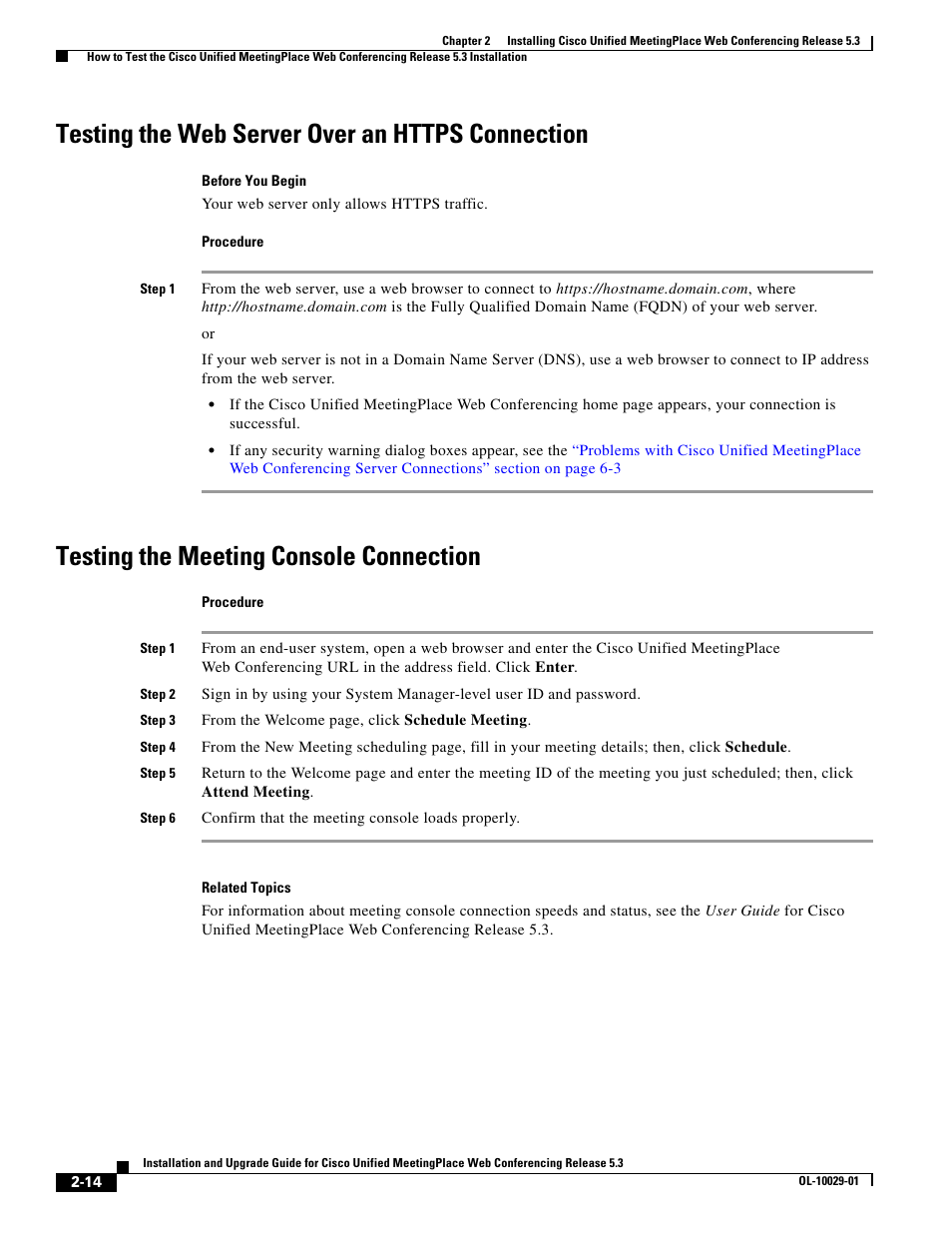 Testing the web server over an https connection, Testing the meeting console connection | Cisco Conference Phone User Manual | Page 32 / 82