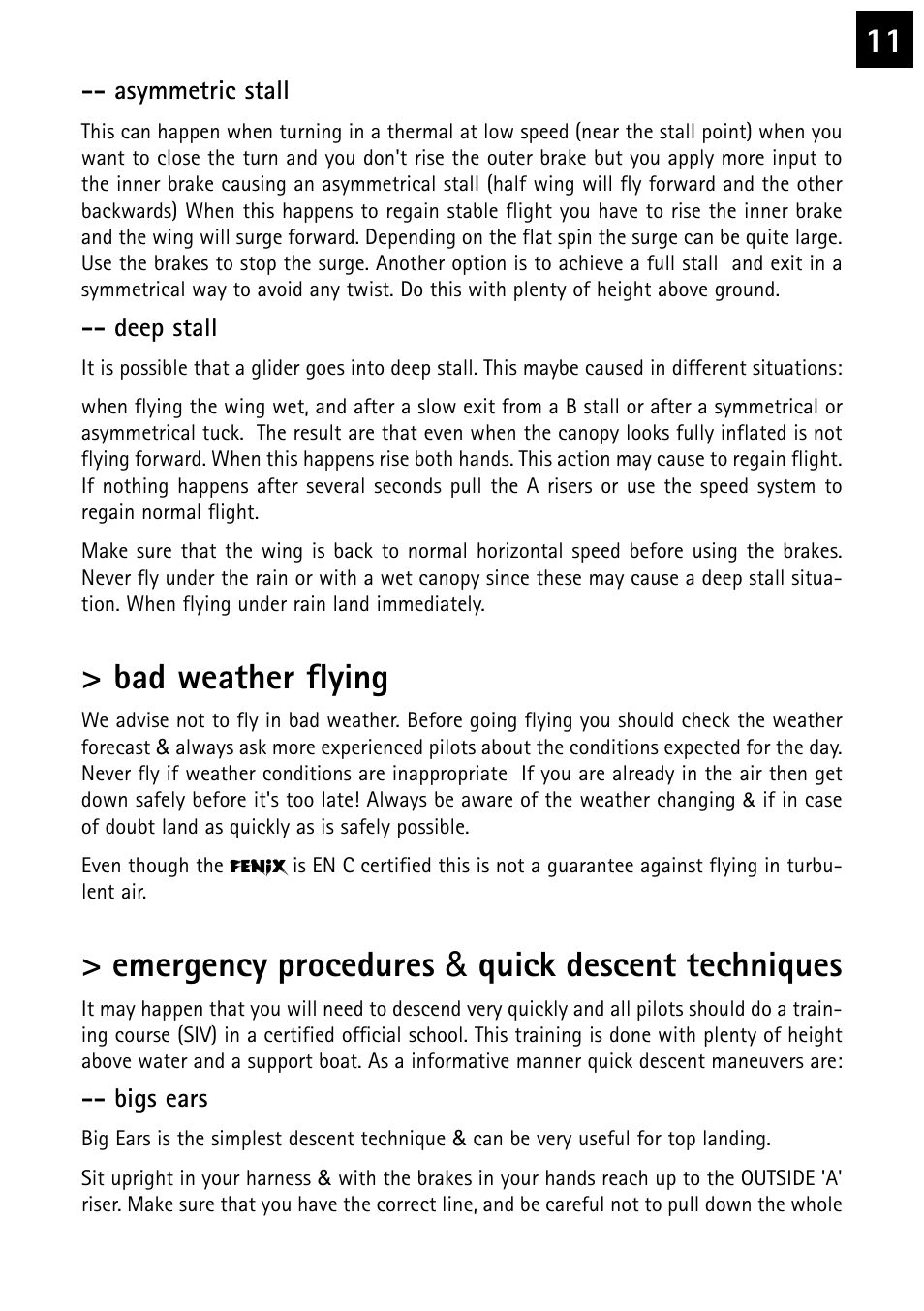 Bad weather flying, Emergency procedures & quick descent techniques | Windtech fenix User Manual | Page 11 / 20