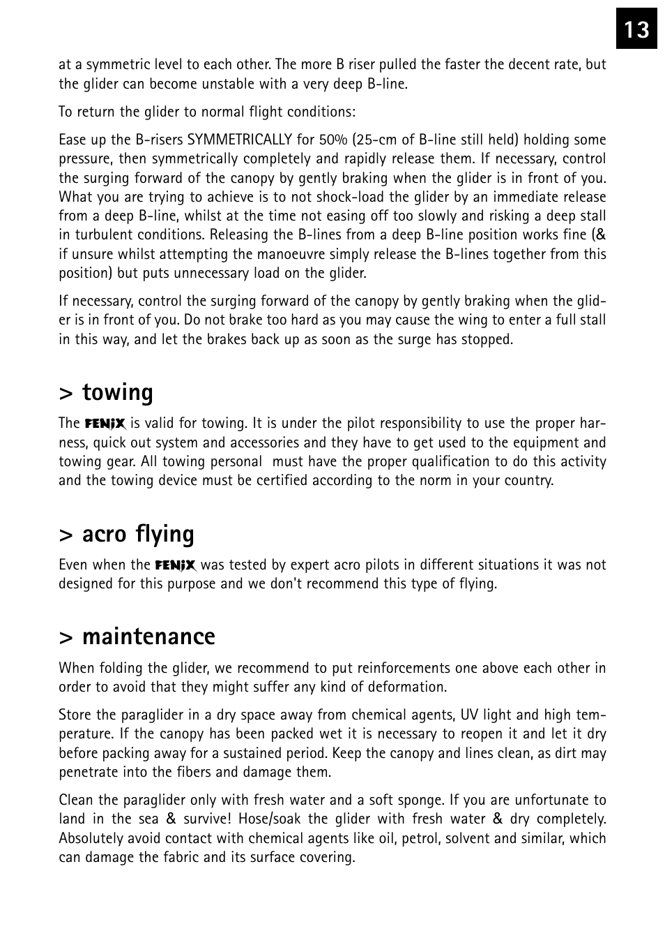 Towing, Acro flying, Maintenance | Windtech fenix User Manual | Page 13 / 20