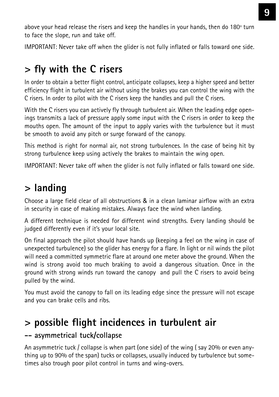 Fly with the c risers, Landing, Possible flight incidences in turbulent air | Windtech fenix User Manual | Page 9 / 20