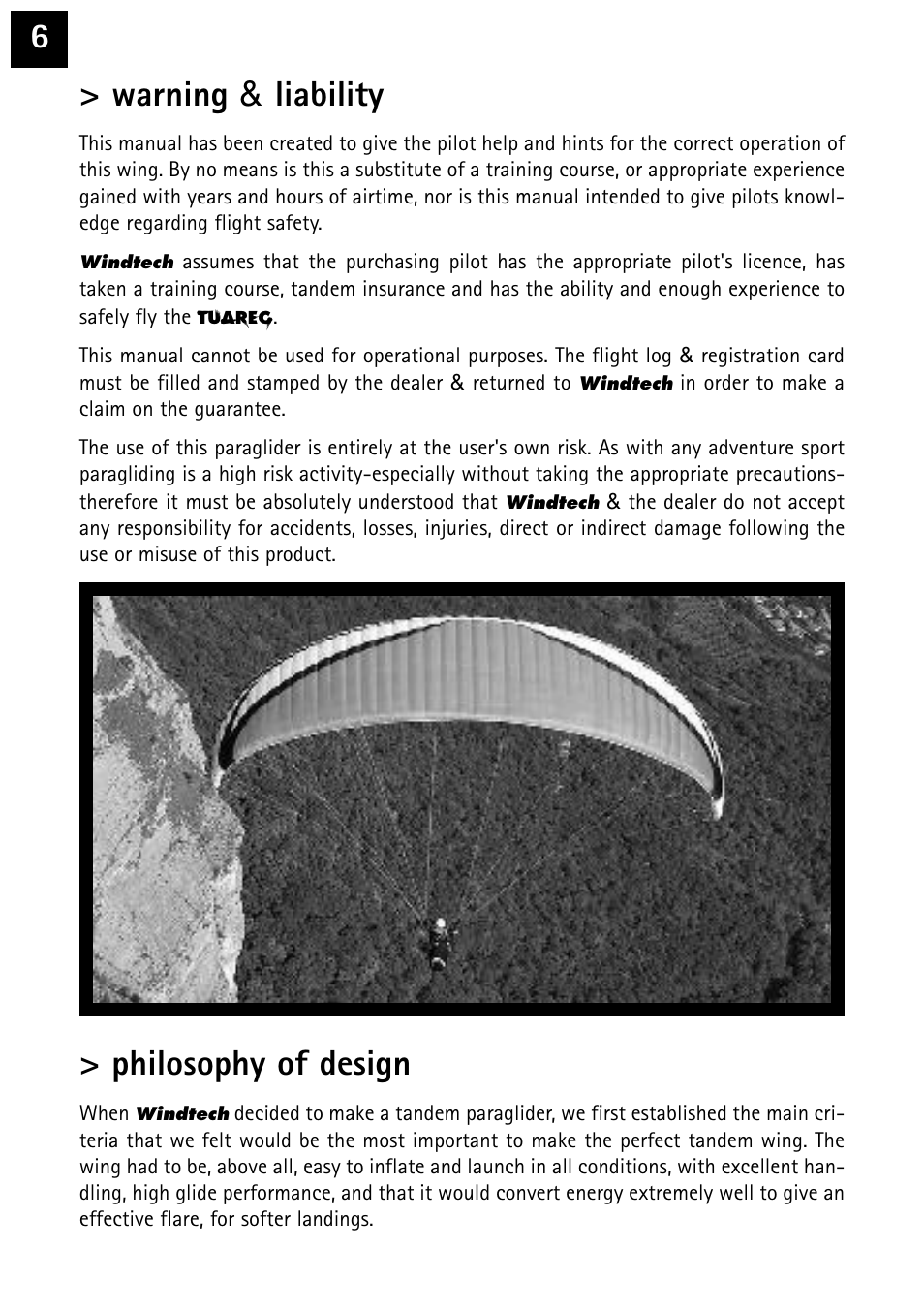 6> warning & liability, Philosophy of design | Windtech tuareg User Manual | Page 6 / 24