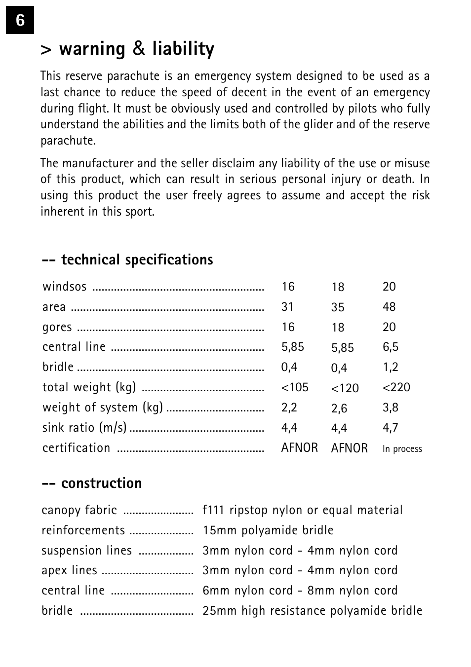 Warning & liability, Technical specifications, Construction | Windtech windsos ultralite User Manual | Page 6 / 12