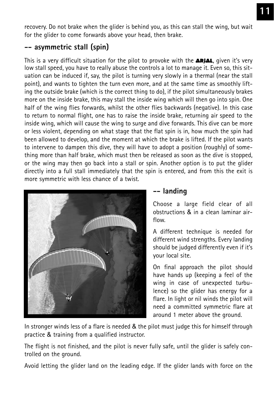 Asymmetric stall (spin), Landing | Windtech arial User Manual | Page 11 / 24