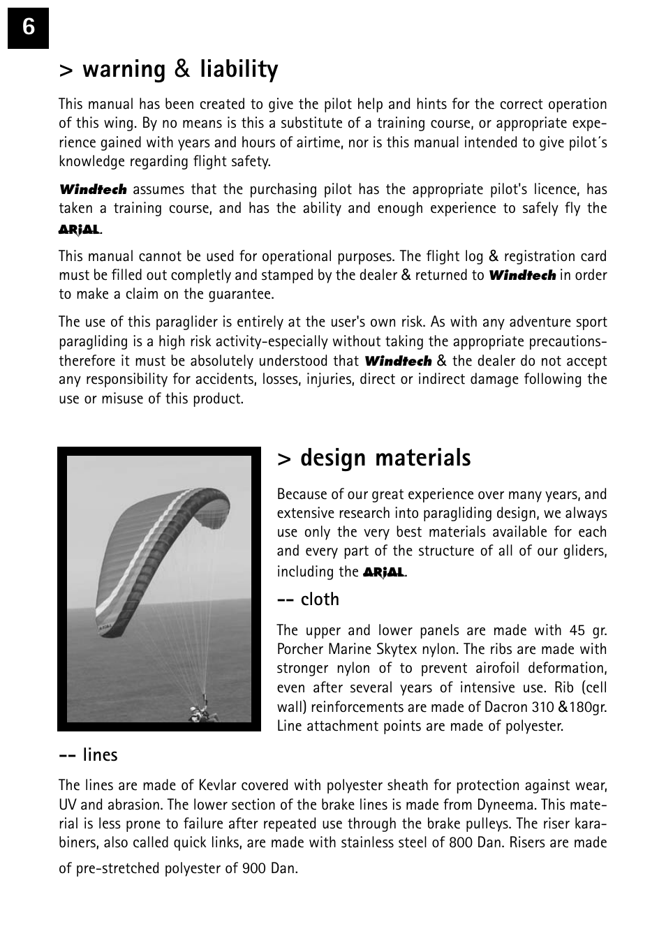 Warning & liability, Design materials | Windtech arial User Manual | Page 6 / 24