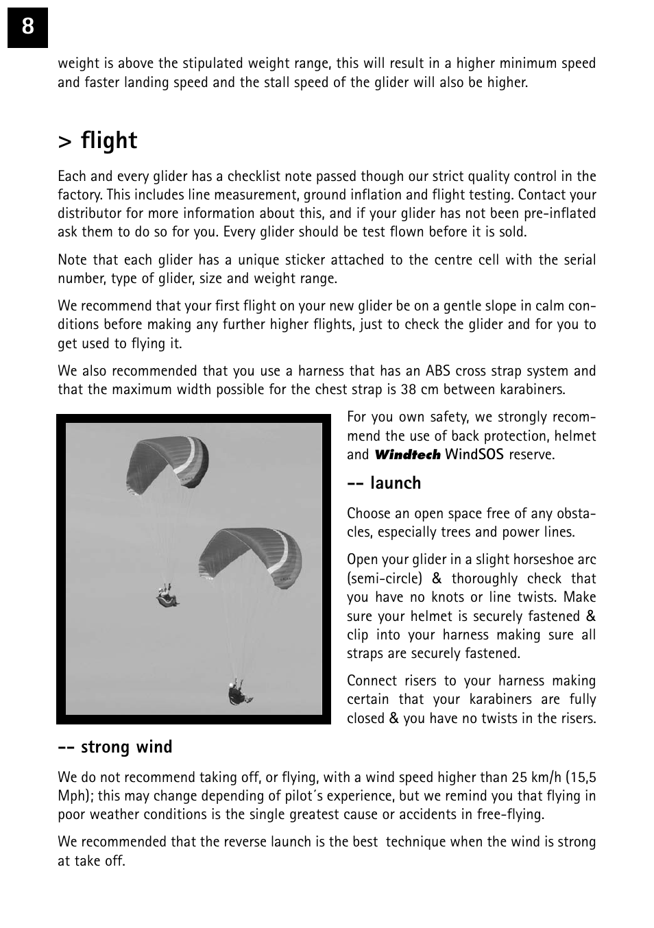 Flight, Launch, Strong wind | Windtech arial User Manual | Page 8 / 24