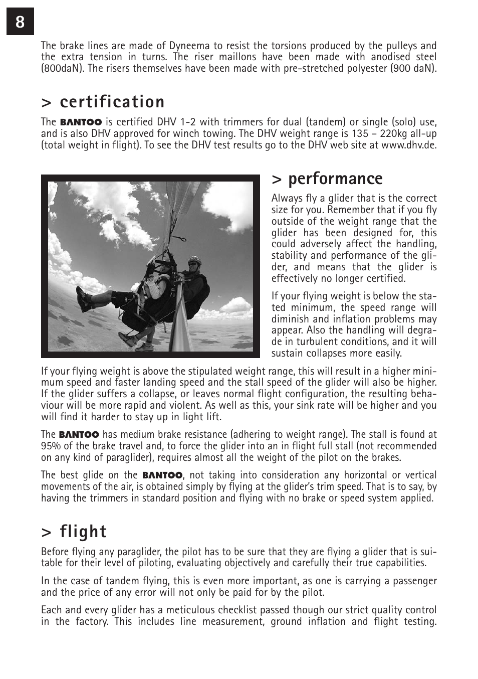 Certification, Performance, Flight | Windtech bantoo User Manual | Page 8 / 20