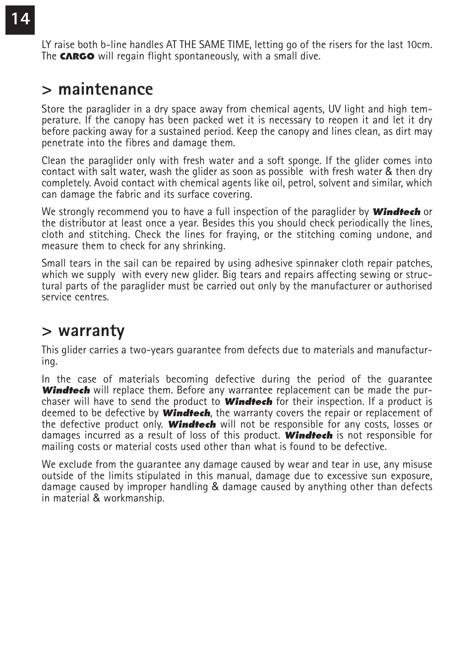 Maintenance, Warranty | Windtech cargo User Manual | Page 14 / 24