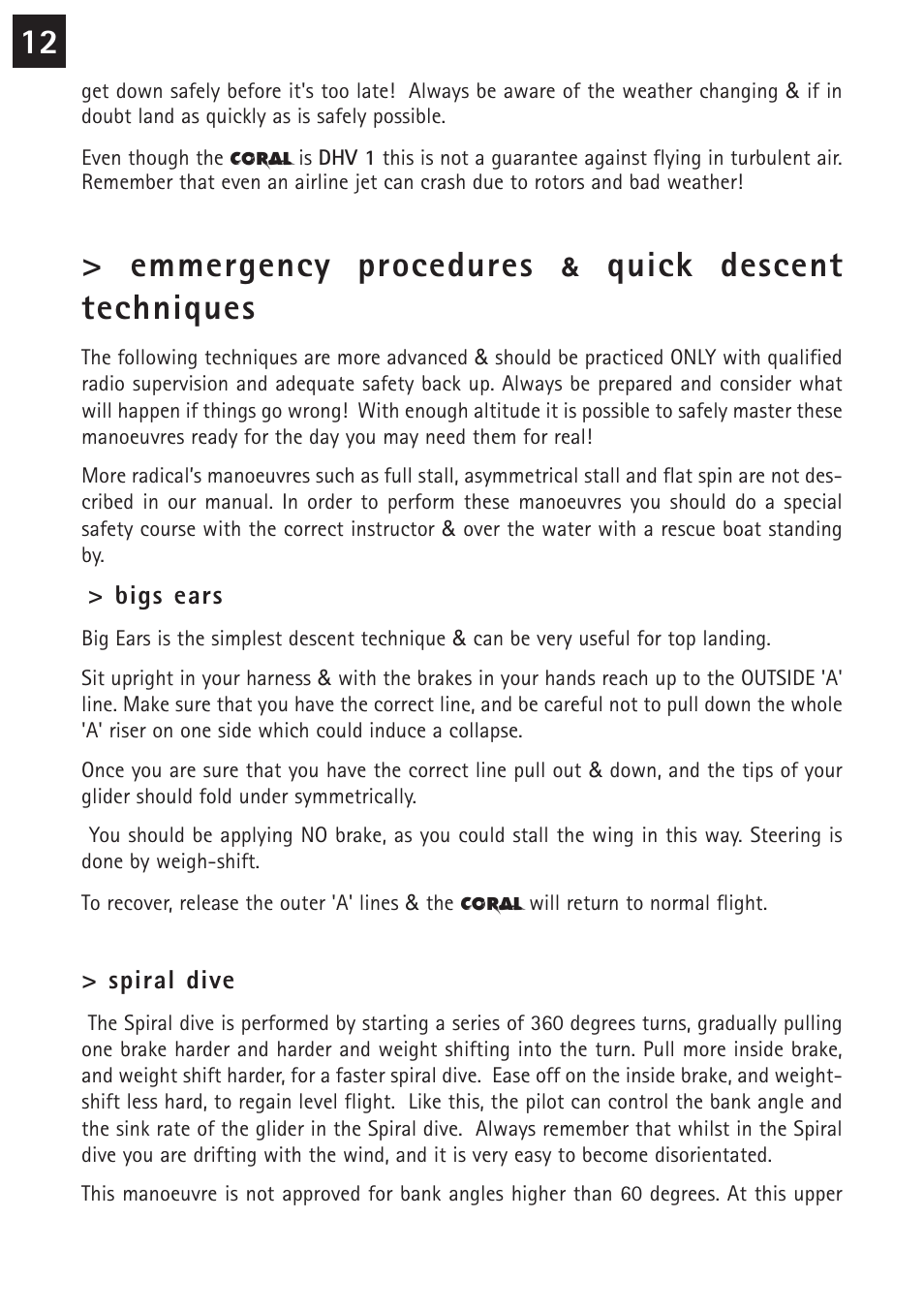 Emmergency procedures, Quick descent techniques | Windtech coral User Manual | Page 12 / 24