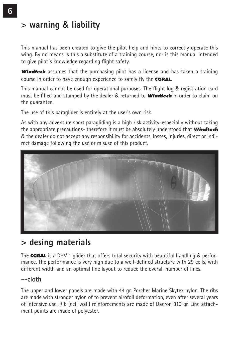 6> warning & liability, Desing materials | Windtech coral User Manual | Page 6 / 24