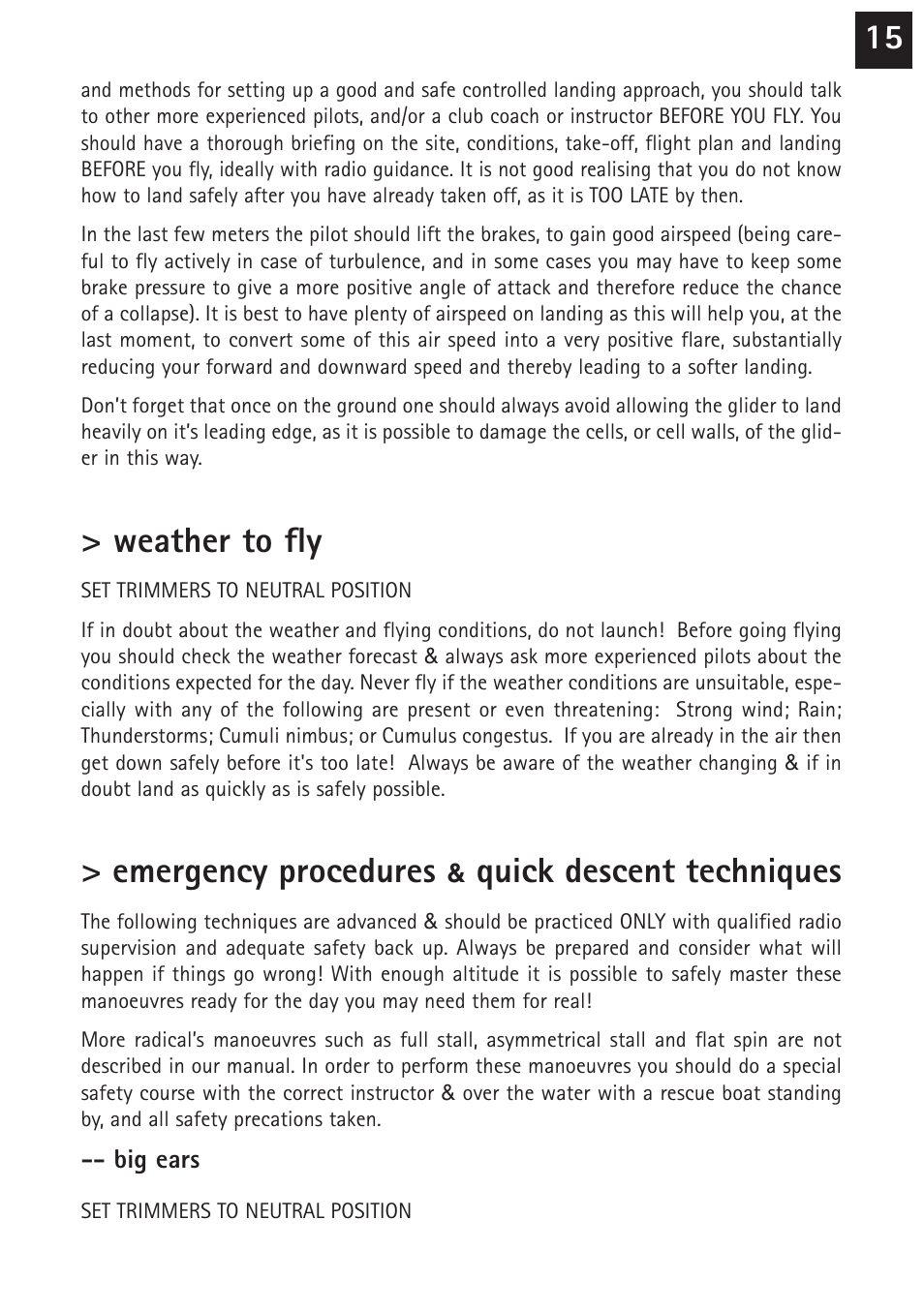 Weather to fly, Emergency procedures, Quick descent techniques | Windtech evo User Manual | Page 15 / 28