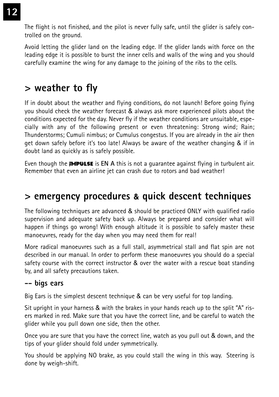 Weather to fly, Emergency procedures, Quick descent techniques | Windtech impulse User Manual | Page 12 / 20