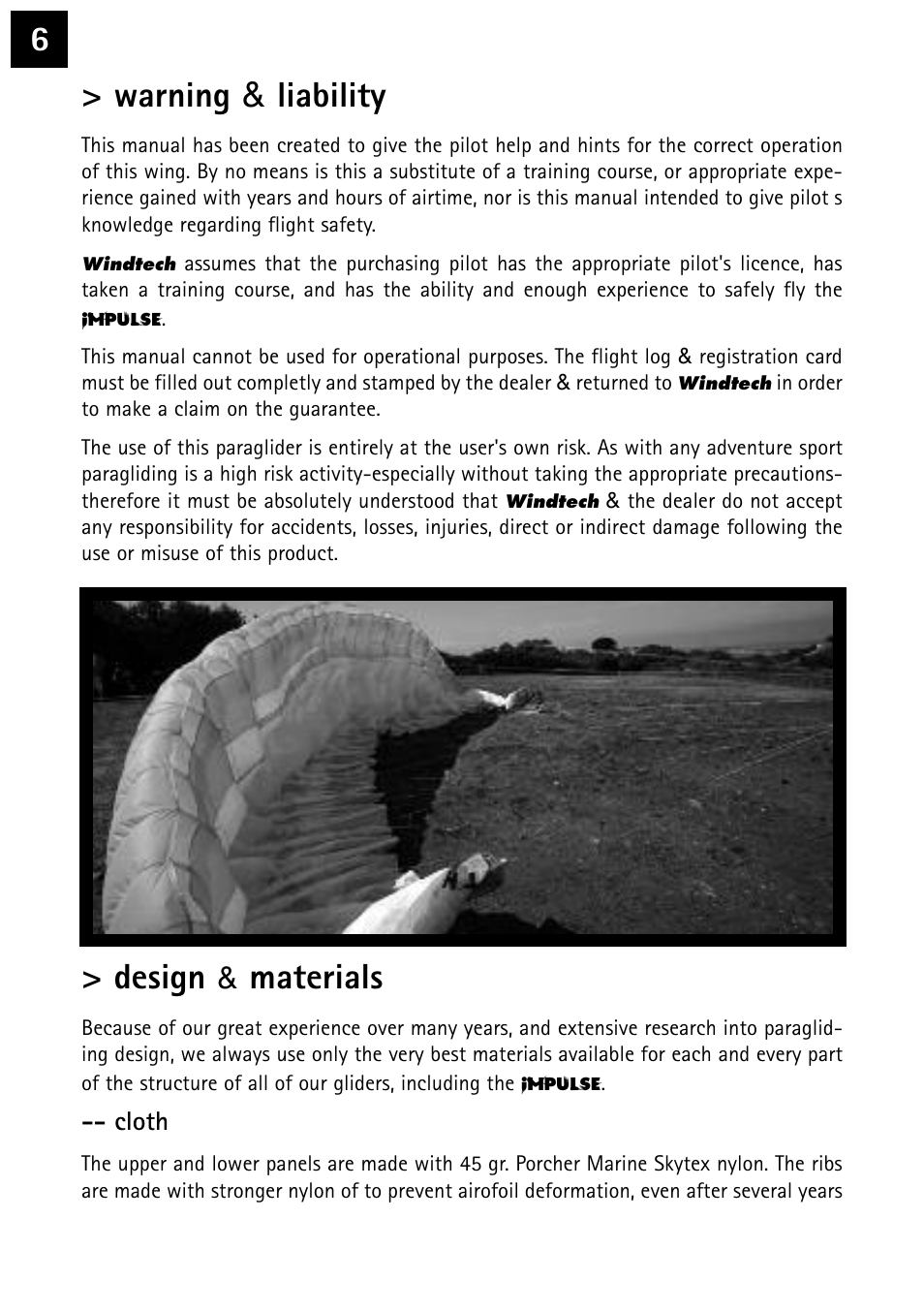 6> warning & liability, Design, Materials | Windtech impulse User Manual | Page 6 / 20