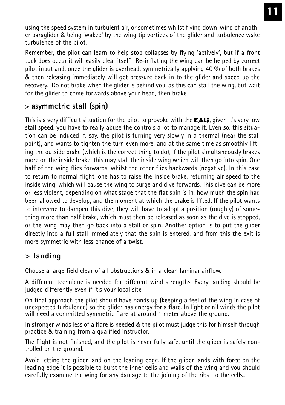 Asymmetric stall (spin), Landing | Windtech kali User Manual | Page 11 / 24