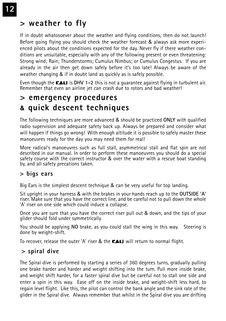 12 > weather to fly, Emergency procedures, Quick descent techniques | Windtech kali User Manual | Page 12 / 24