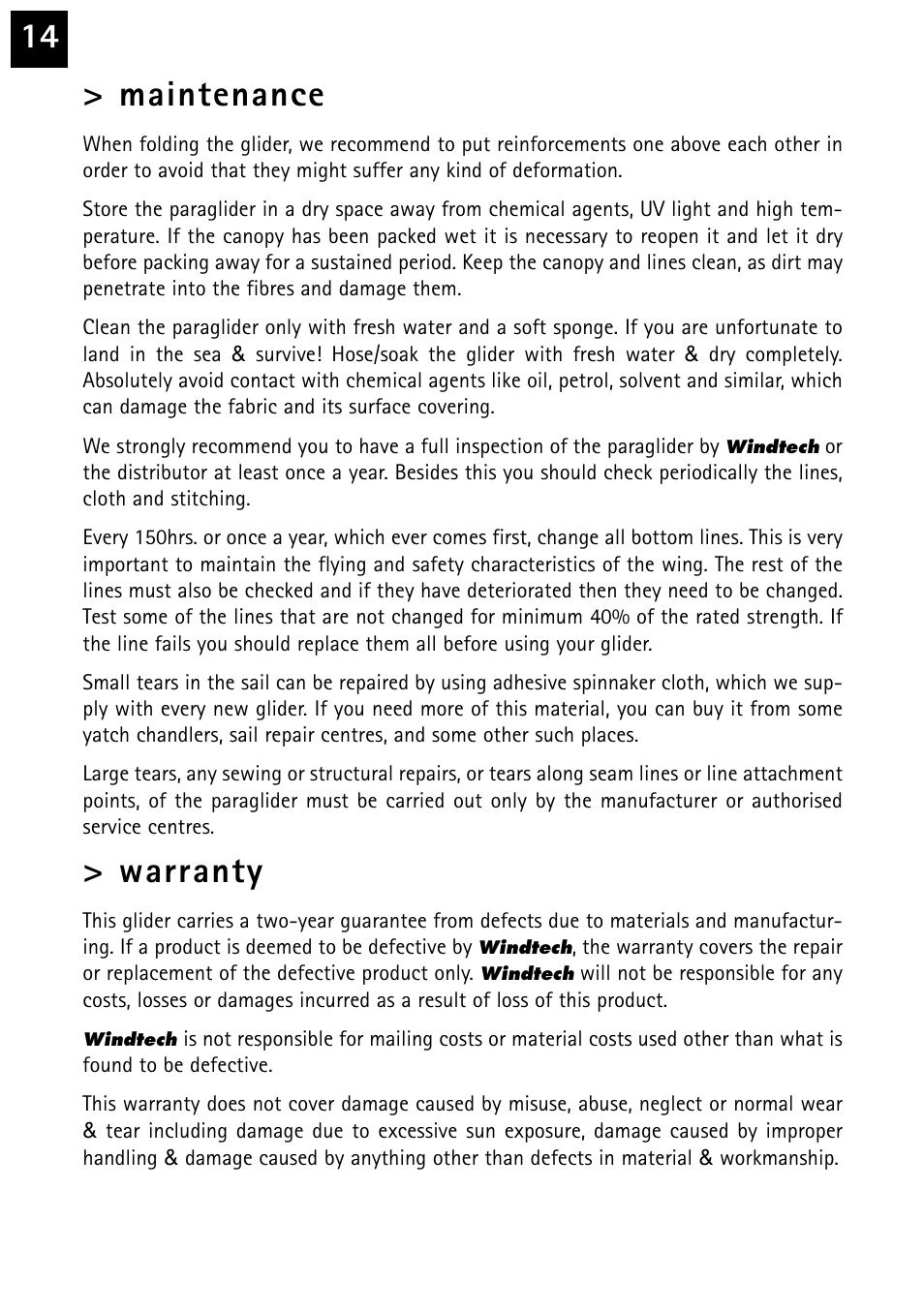 14 > maintenance, Warranty | Windtech kali User Manual | Page 14 / 24