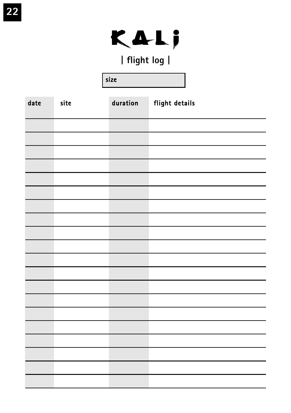 K a l i, Flight log | Windtech kali User Manual | Page 22 / 24