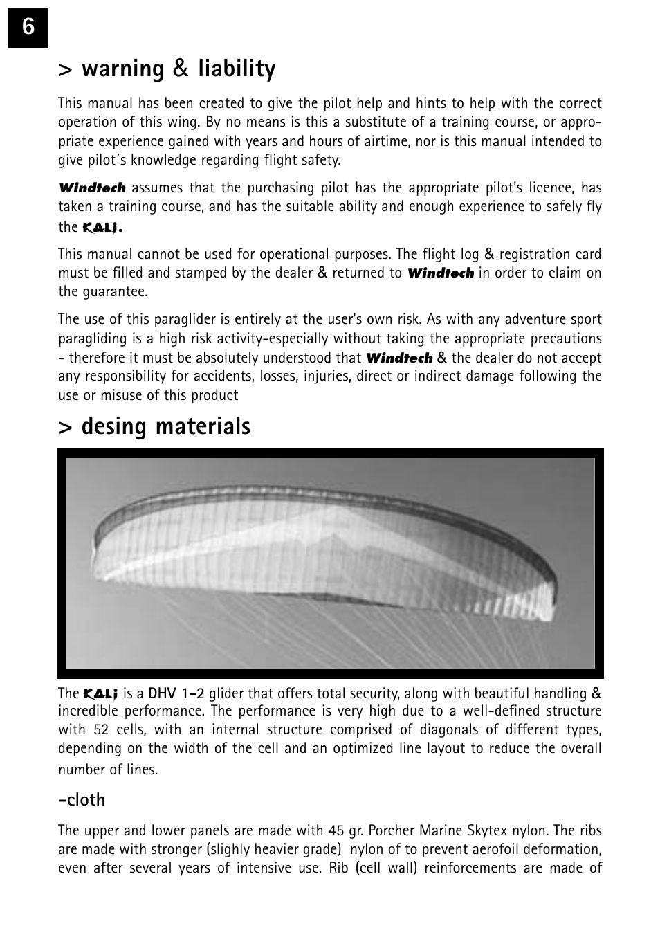 6> warning & liability, Desing materials | Windtech kali User Manual | Page 6 / 24