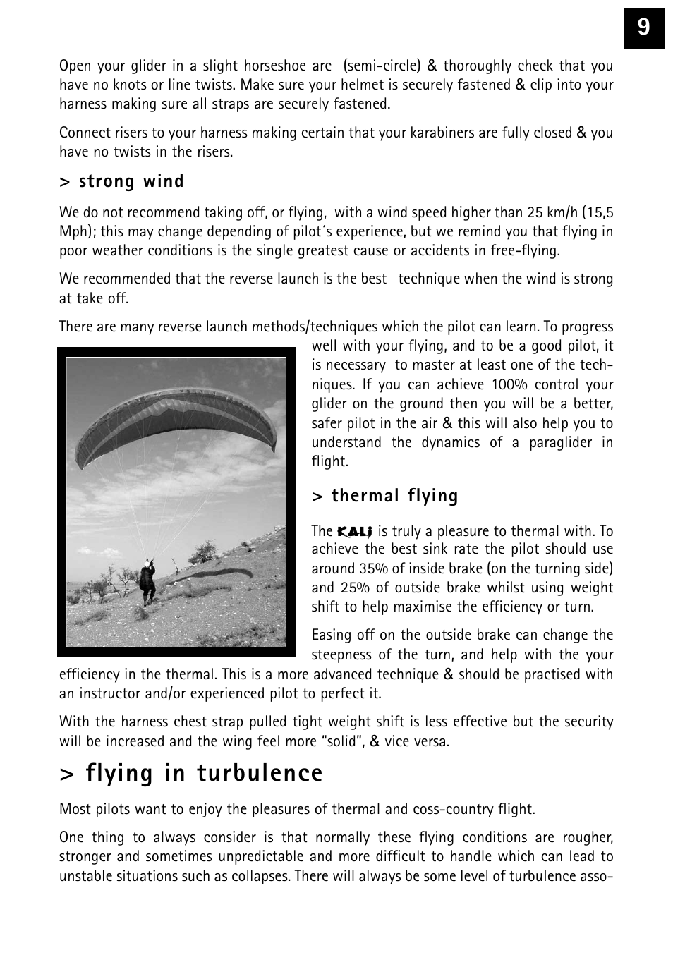 Flying in turbulence, Strong wind, Thermal flying | Windtech kali User Manual | Page 9 / 24