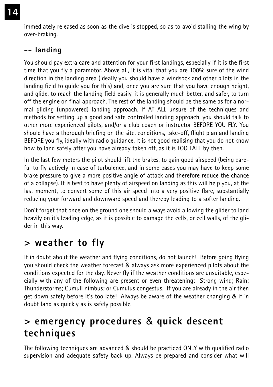 Weather to fly, Emergency procedures & quick descent techniques | Windtech kinetik User Manual | Page 14 / 26
