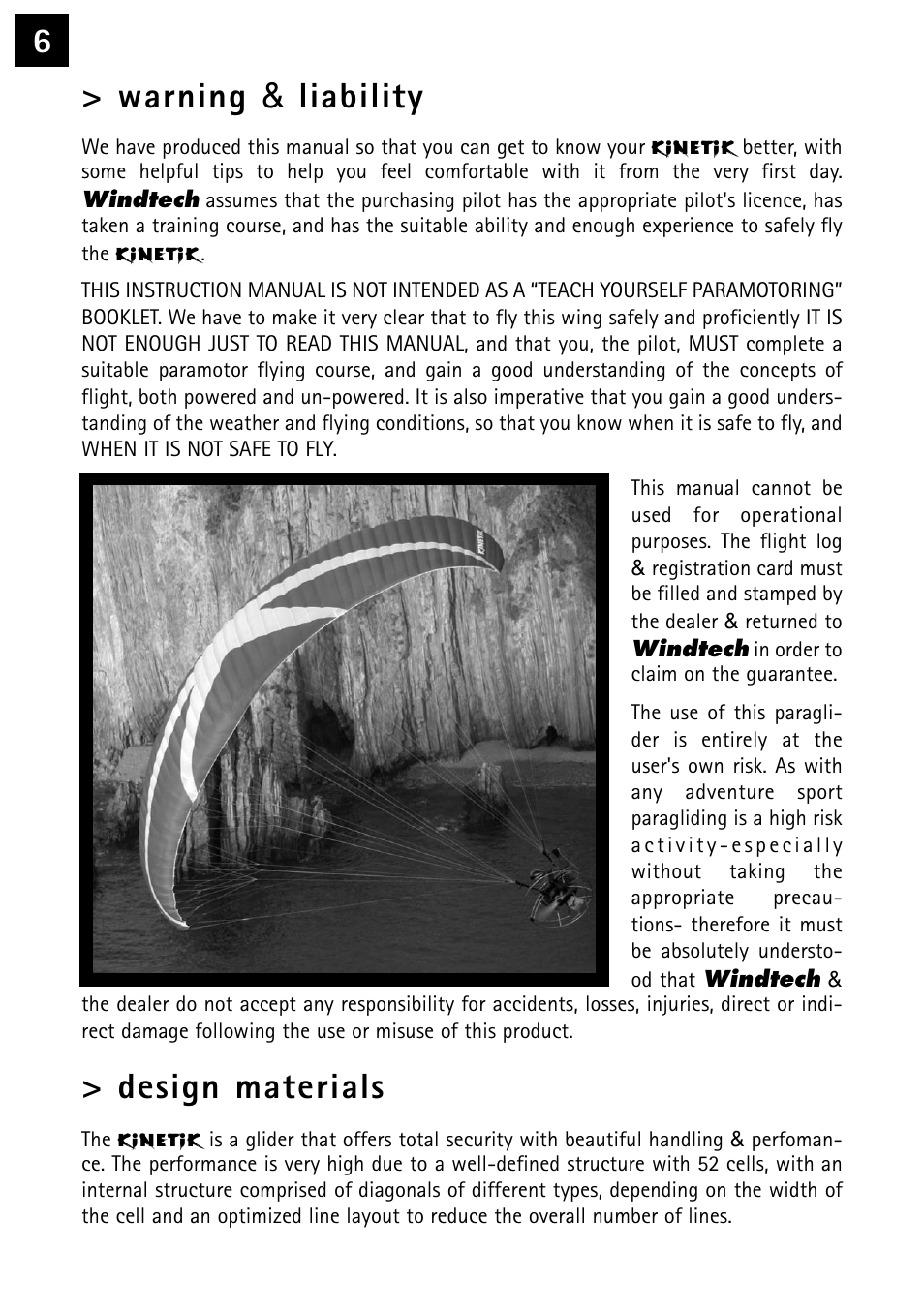 6> warning & liability, Design materials | Windtech kinetik User Manual | Page 6 / 26