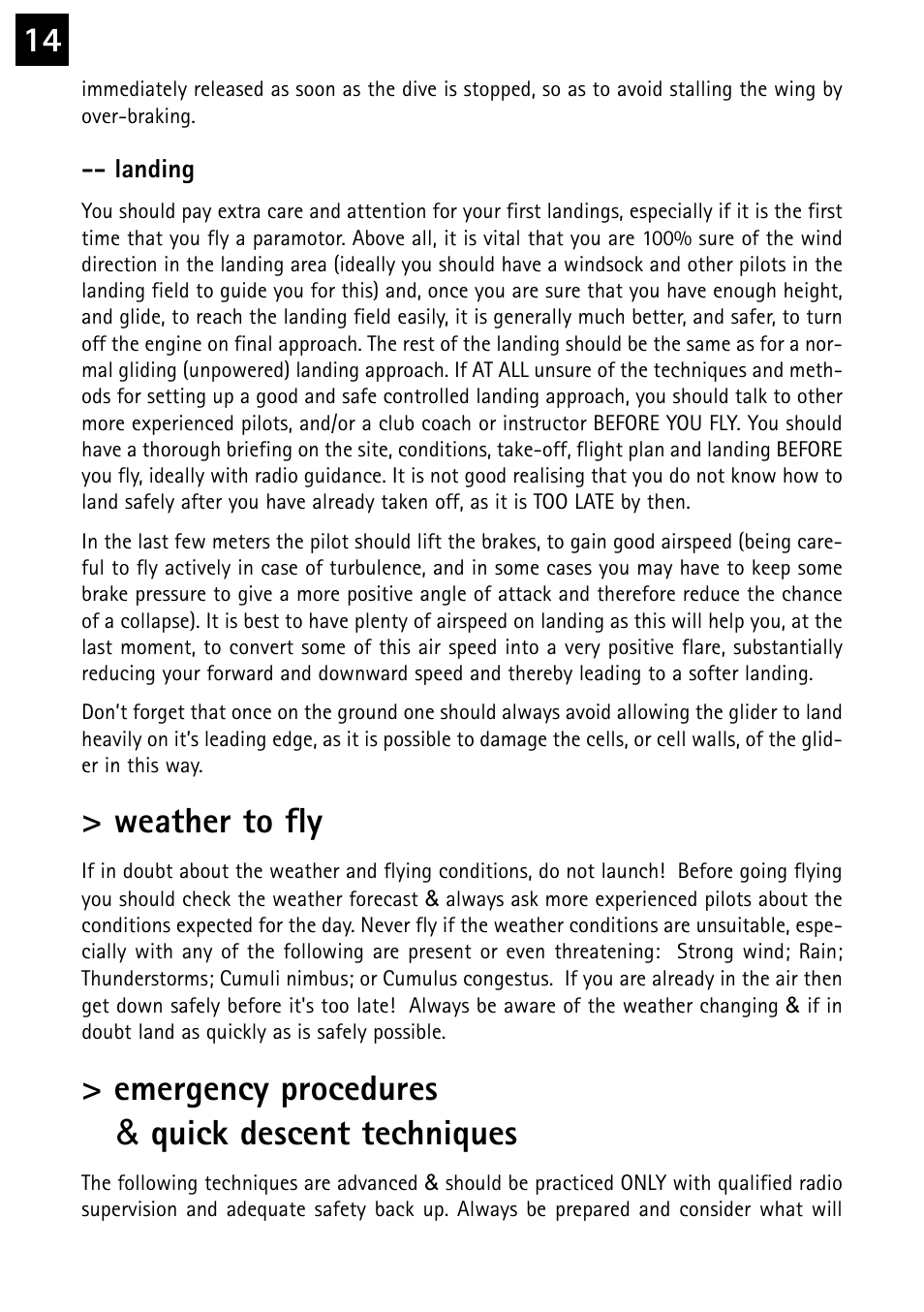 Weather to fly, Emergency procedures & quick descent techniques | Windtech kinetik plus User Manual | Page 14 / 26