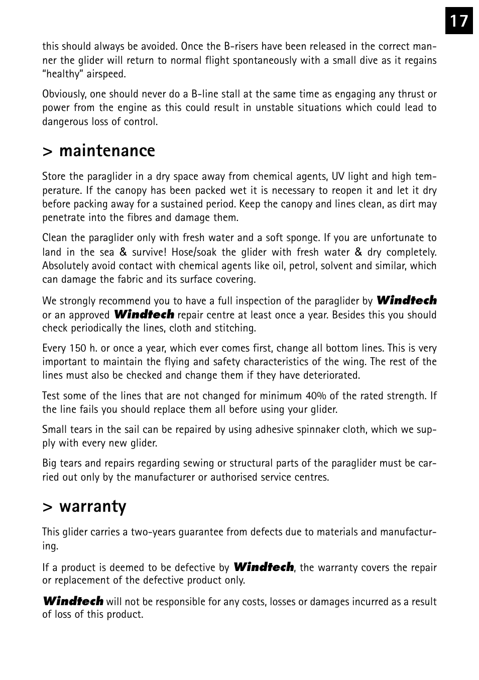 Maintenance, Warranty | Windtech kinetik plus User Manual | Page 17 / 26