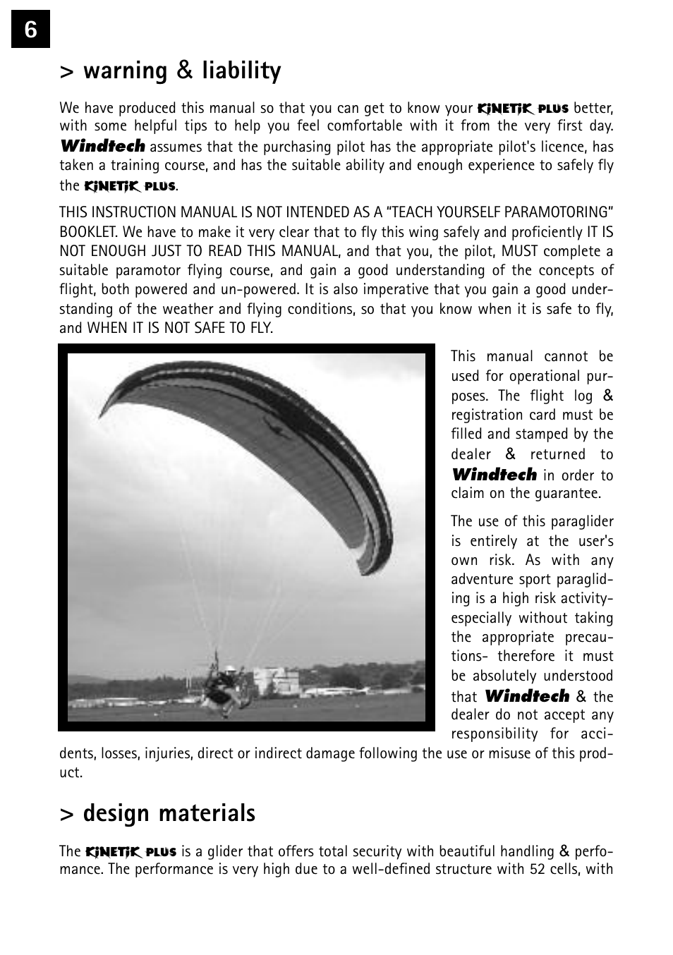 6> warning & liability, Design materials | Windtech kinetik plus User Manual | Page 6 / 26