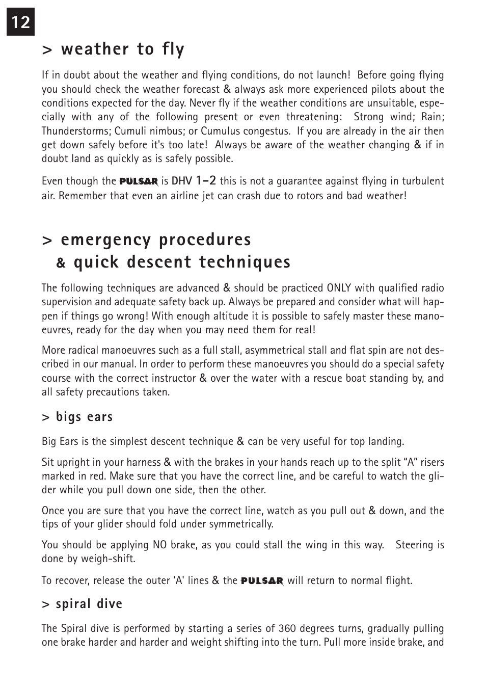 12 > weather to fly, Emergency procedures, Quick descent techniques | Windtech pulsar User Manual | Page 12 / 24