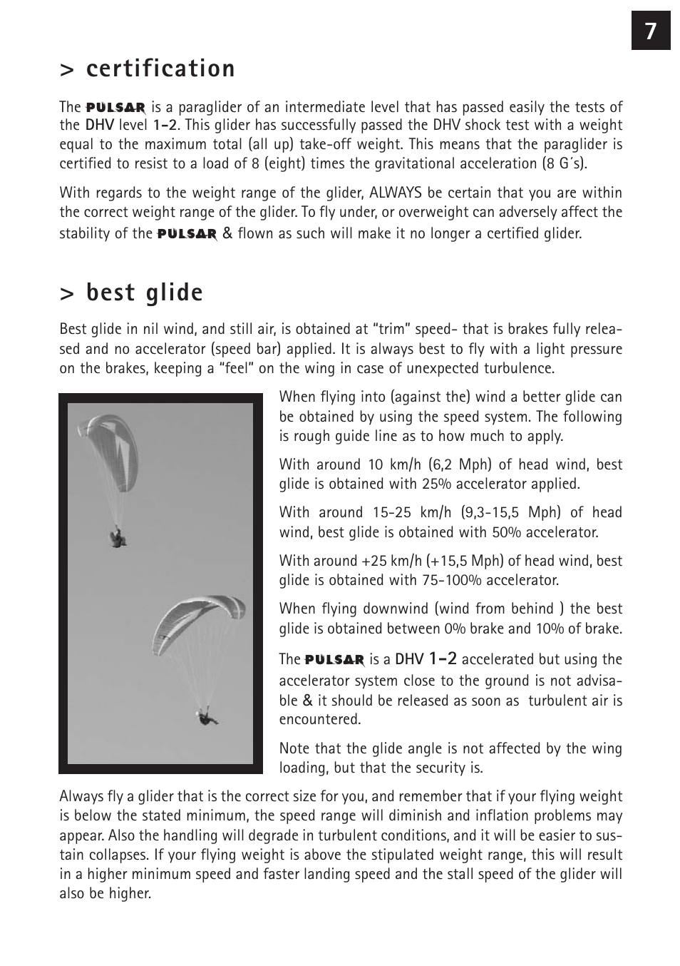 7> certification, Best glide | Windtech pulsar User Manual | Page 7 / 24