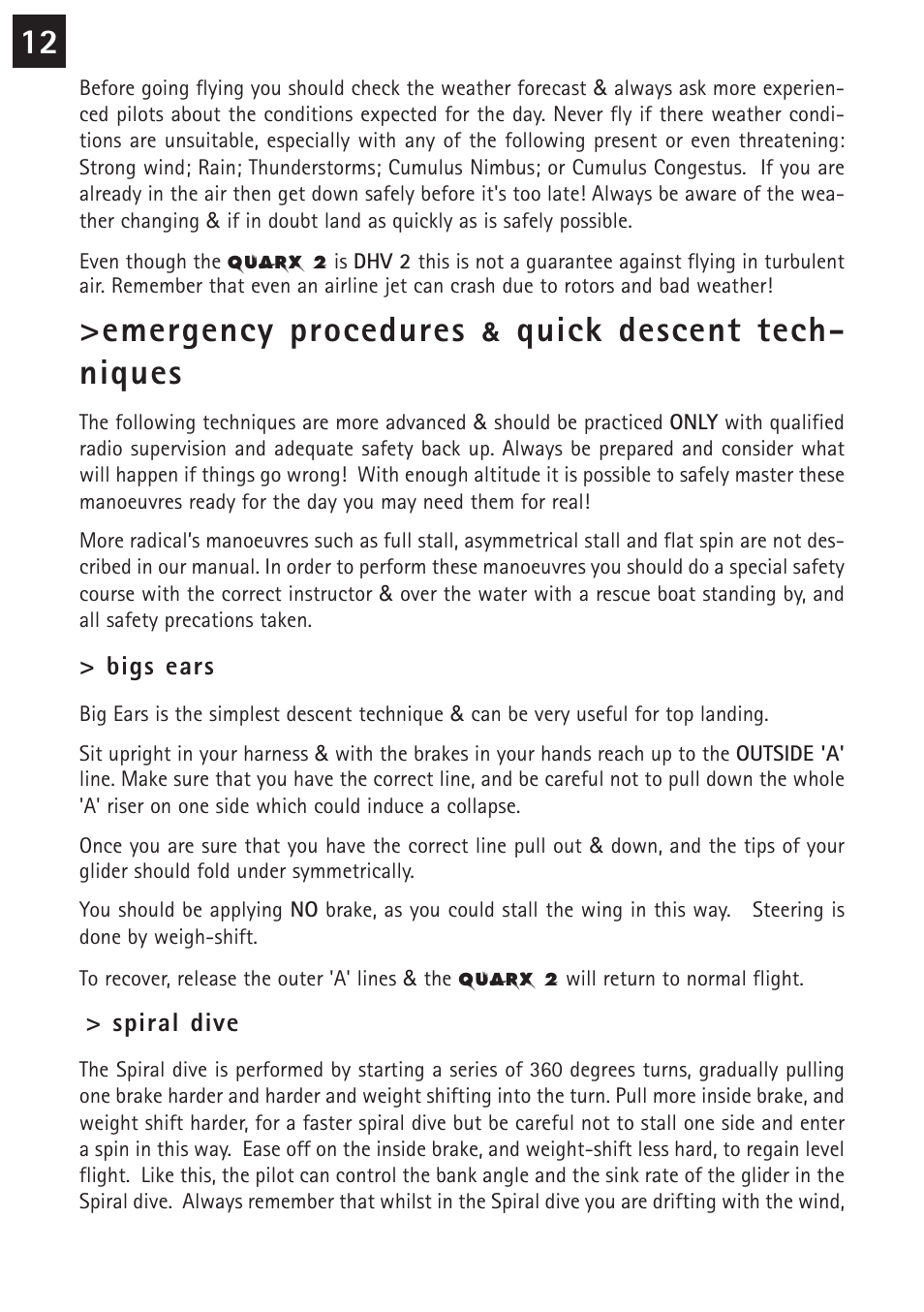 Emergency procedures, Quick descent tech- niques | Windtech quarx2 User Manual | Page 12 / 24