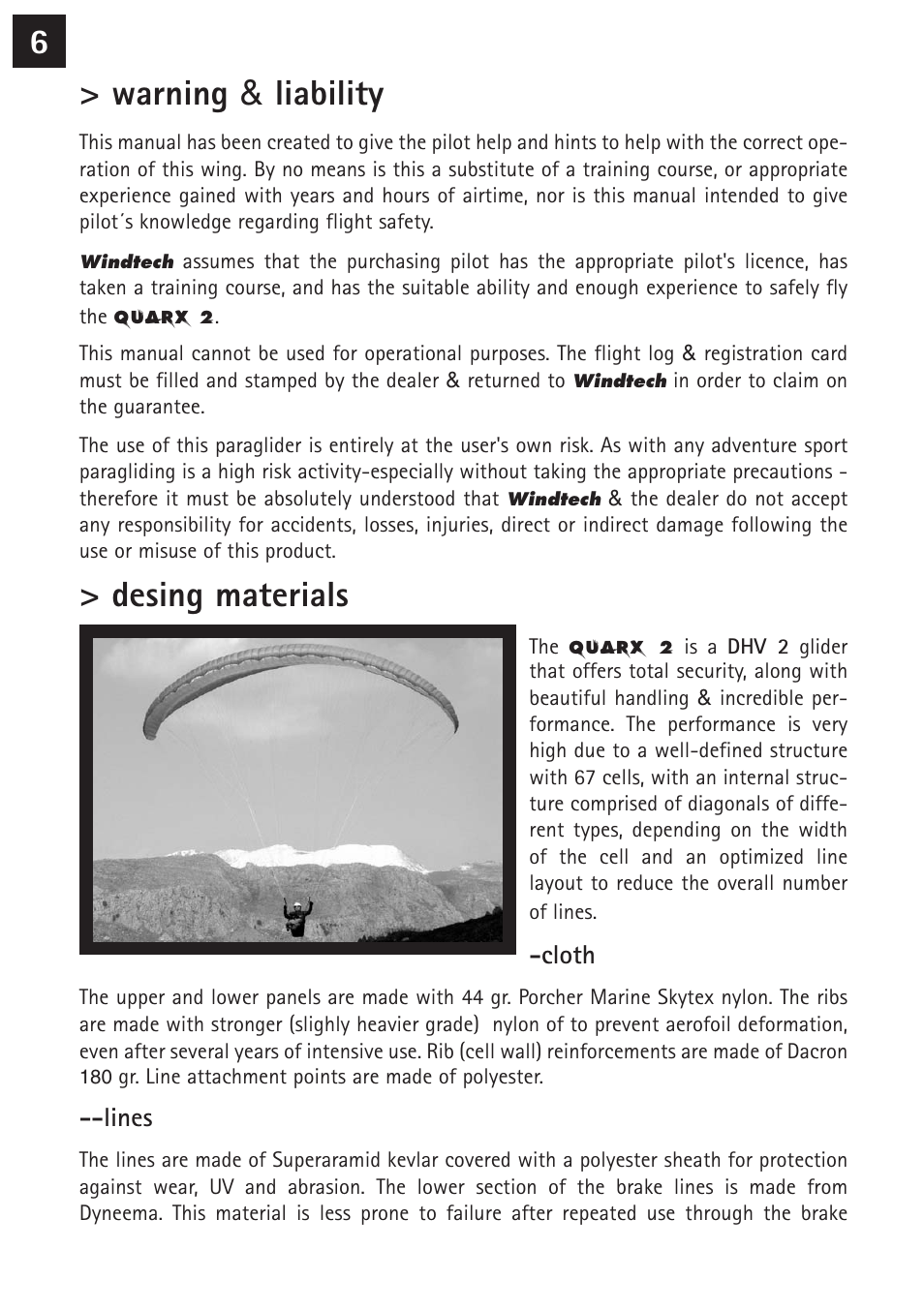 6> warning & liability, Desing materials | Windtech quarx2 User Manual | Page 6 / 24