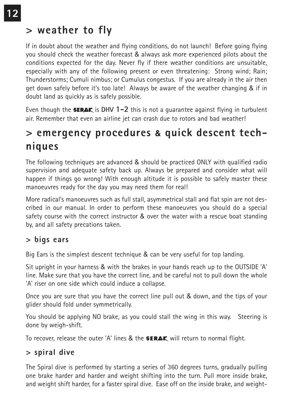 12 > weather to fly, Emergency procedures, Quick descent tech- niques | Windtech serak User Manual | Page 12 / 24