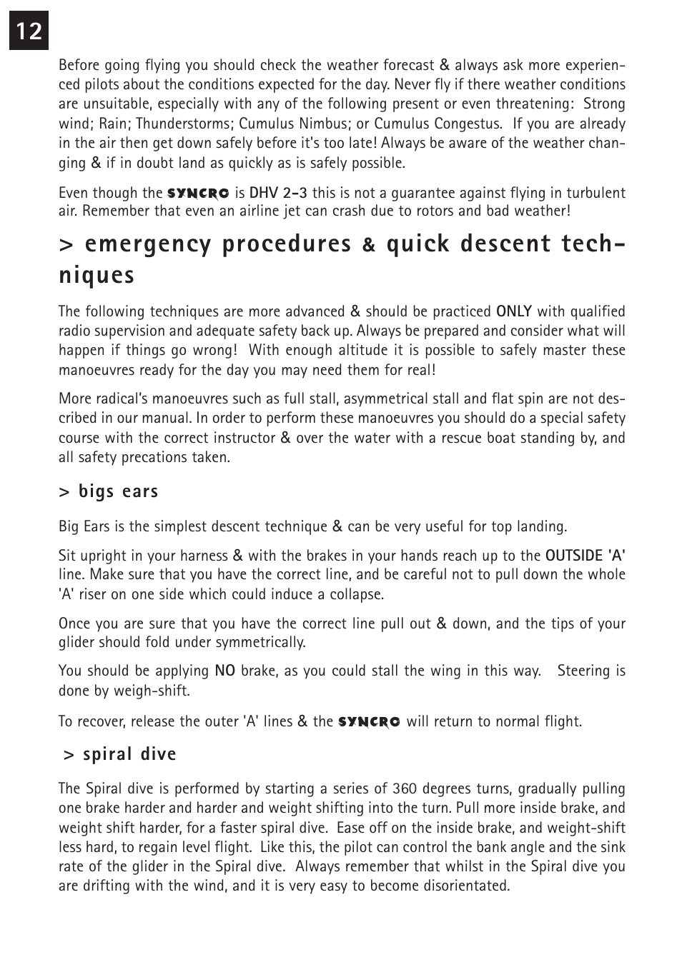 Emergency procedures, Quick descent tech- niques | Windtech syncro User Manual | Page 12 / 24