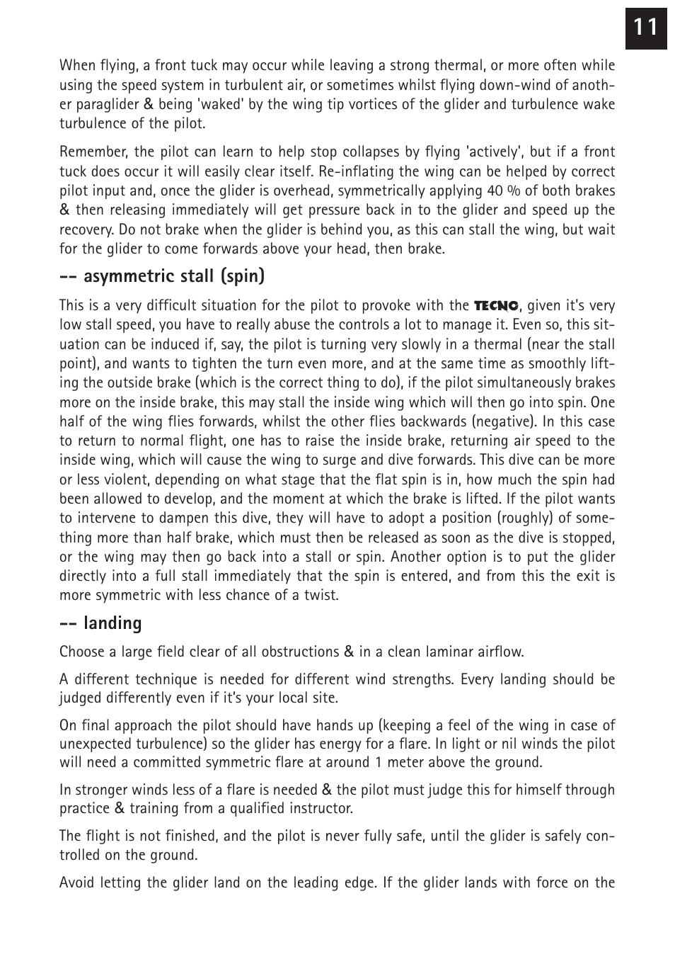 Asymmetric stall (spin), Landing | Windtech tecno User Manual | Page 11 / 24