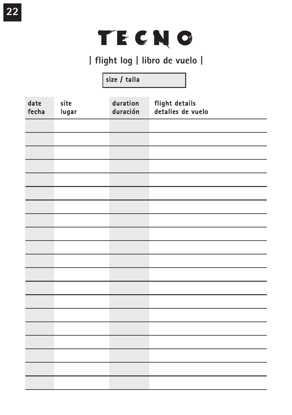 Flight log | libro de vuelo | Windtech tecno User Manual | Page 22 / 24