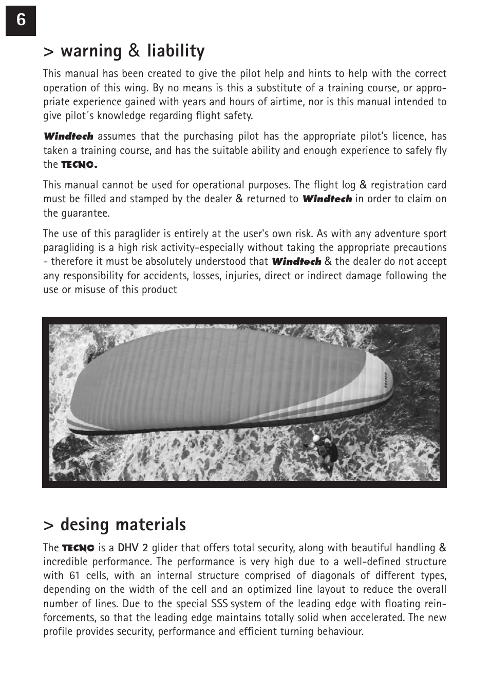 6> warning & liability, Desing materials | Windtech tecno User Manual | Page 6 / 24