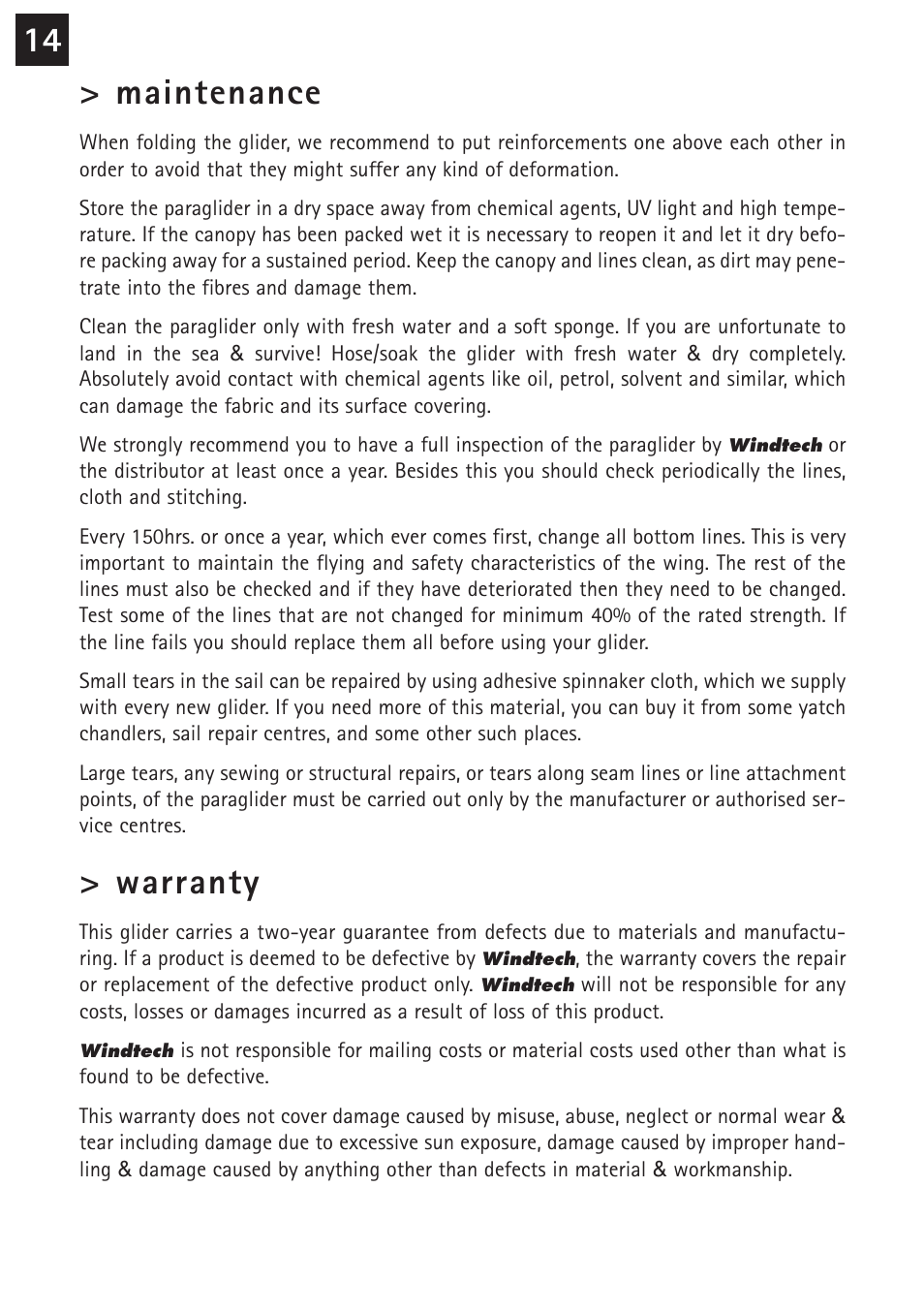 14 > maintenance, Warranty | Windtech tempest User Manual | Page 14 / 24