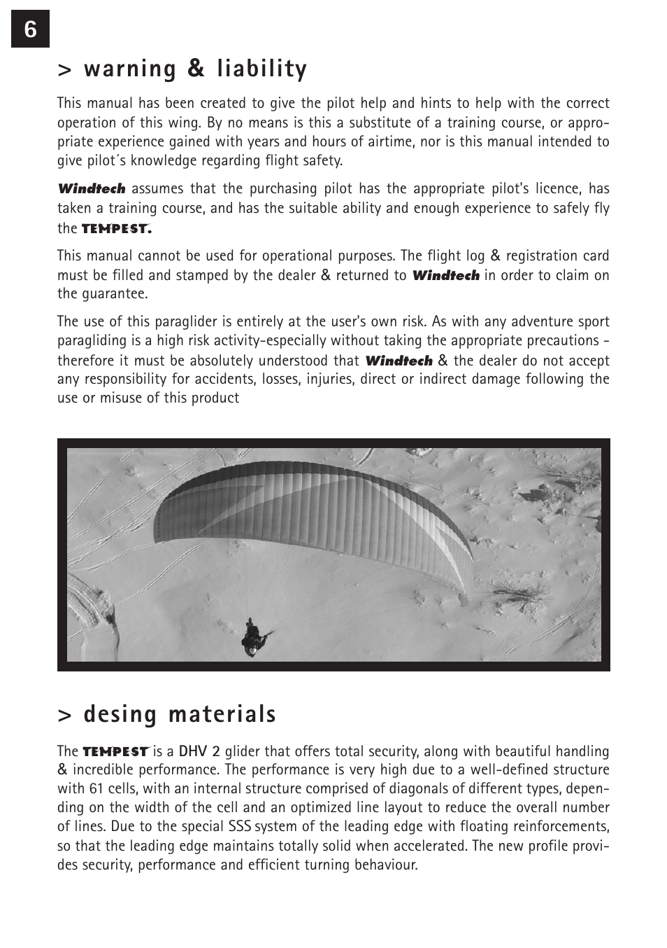 6> warning & liability, Desing materials | Windtech tempest User Manual | Page 6 / 24