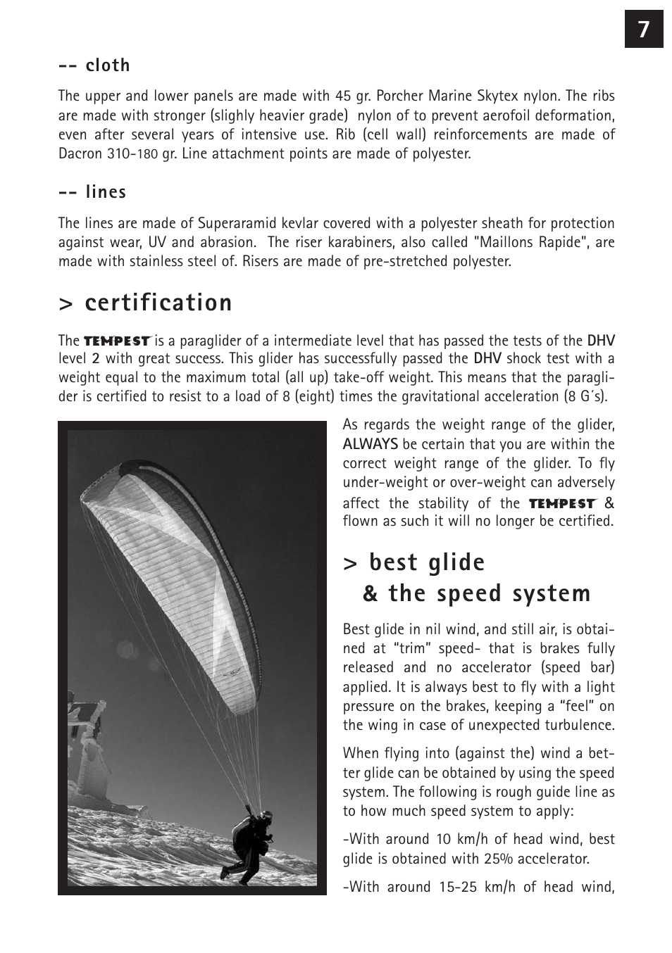 Certification, Best glide, The speed system | Windtech tempest User Manual | Page 7 / 24