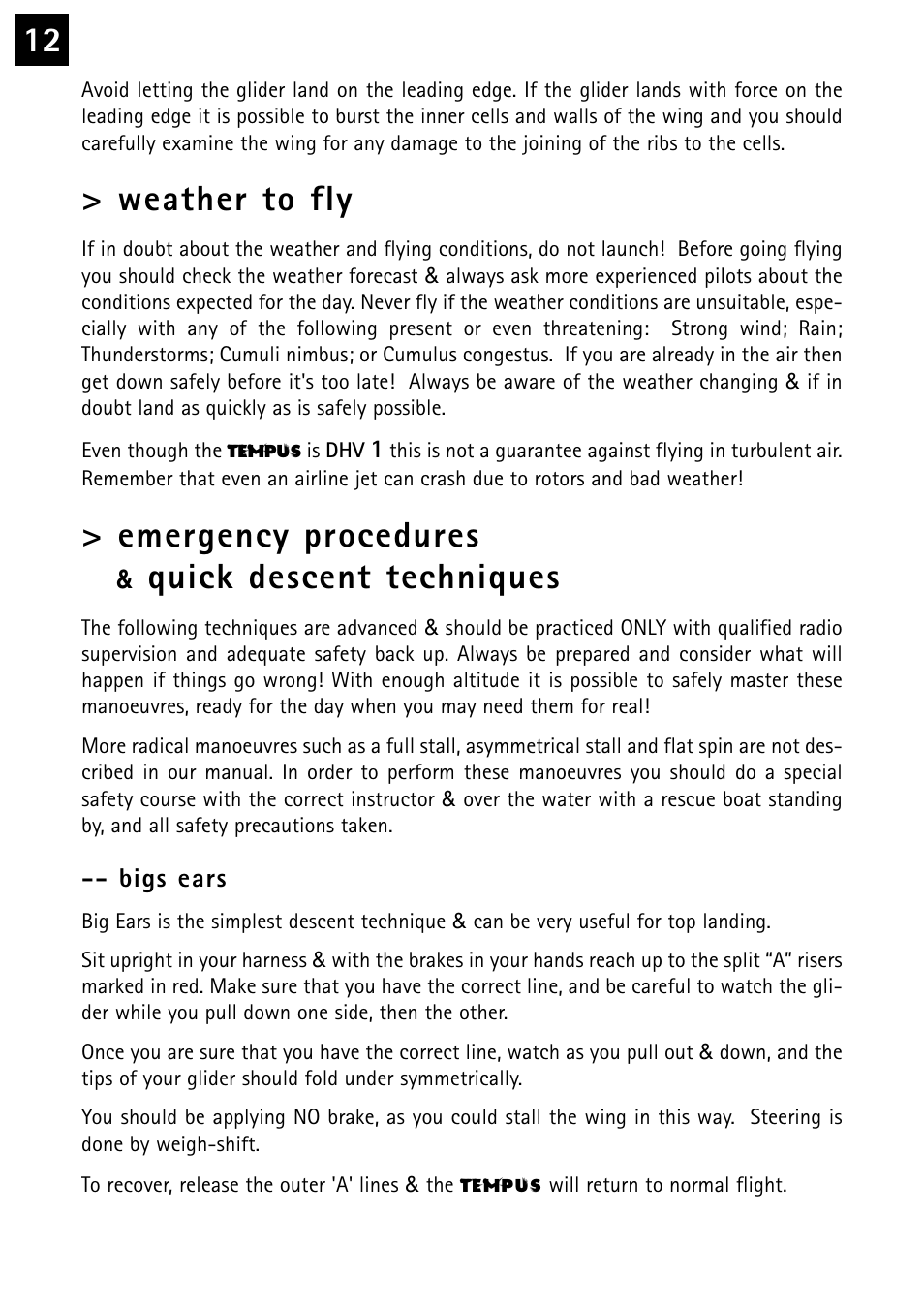 Weather to fly, Emergency procedures, Quick descent techniques | Windtech tempus User Manual | Page 12 / 24