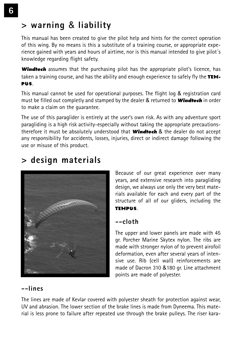 6> warning & liability, Design materials | Windtech tempus User Manual | Page 6 / 24