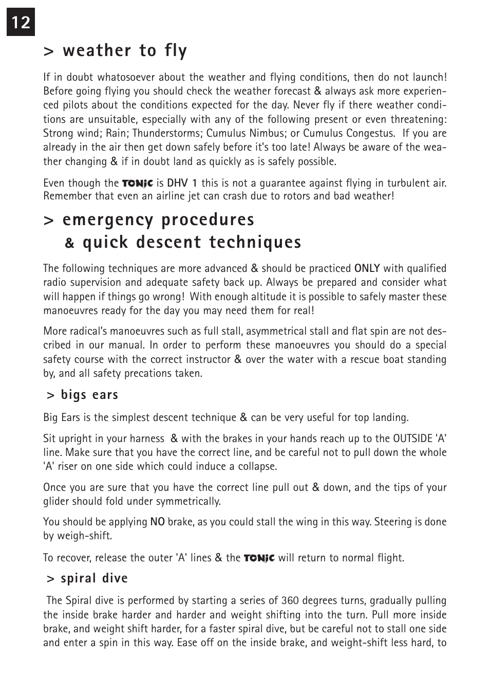 12 > weather to fly, Emergency procedures, Quick descent techniques | Windtech tonic User Manual | Page 12 / 24