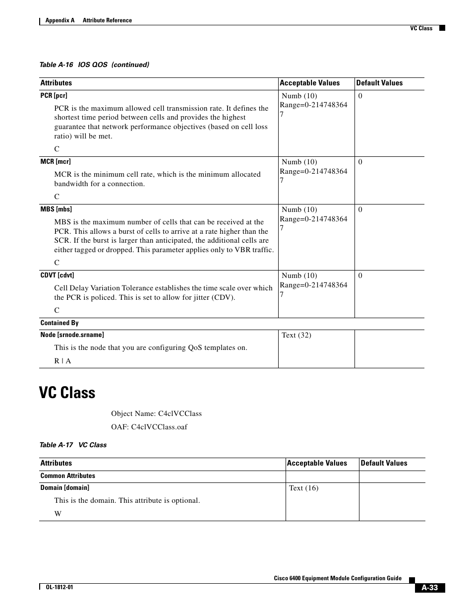 Vc class, Table a-17 | Cisco 6400 User Manual | Page 33 / 54