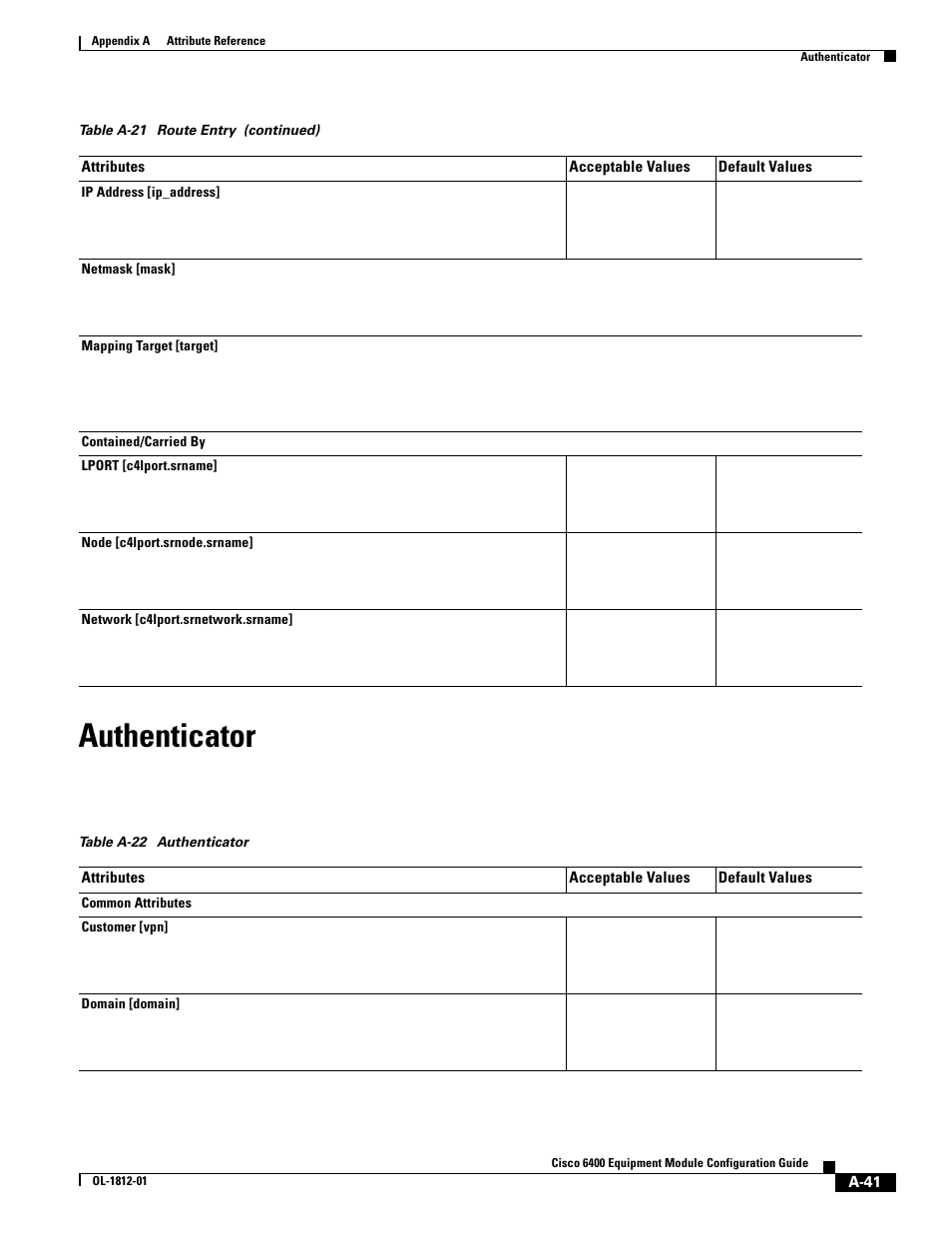 Authenticator, Table a-22 | Cisco 6400 User Manual | Page 41 / 54
