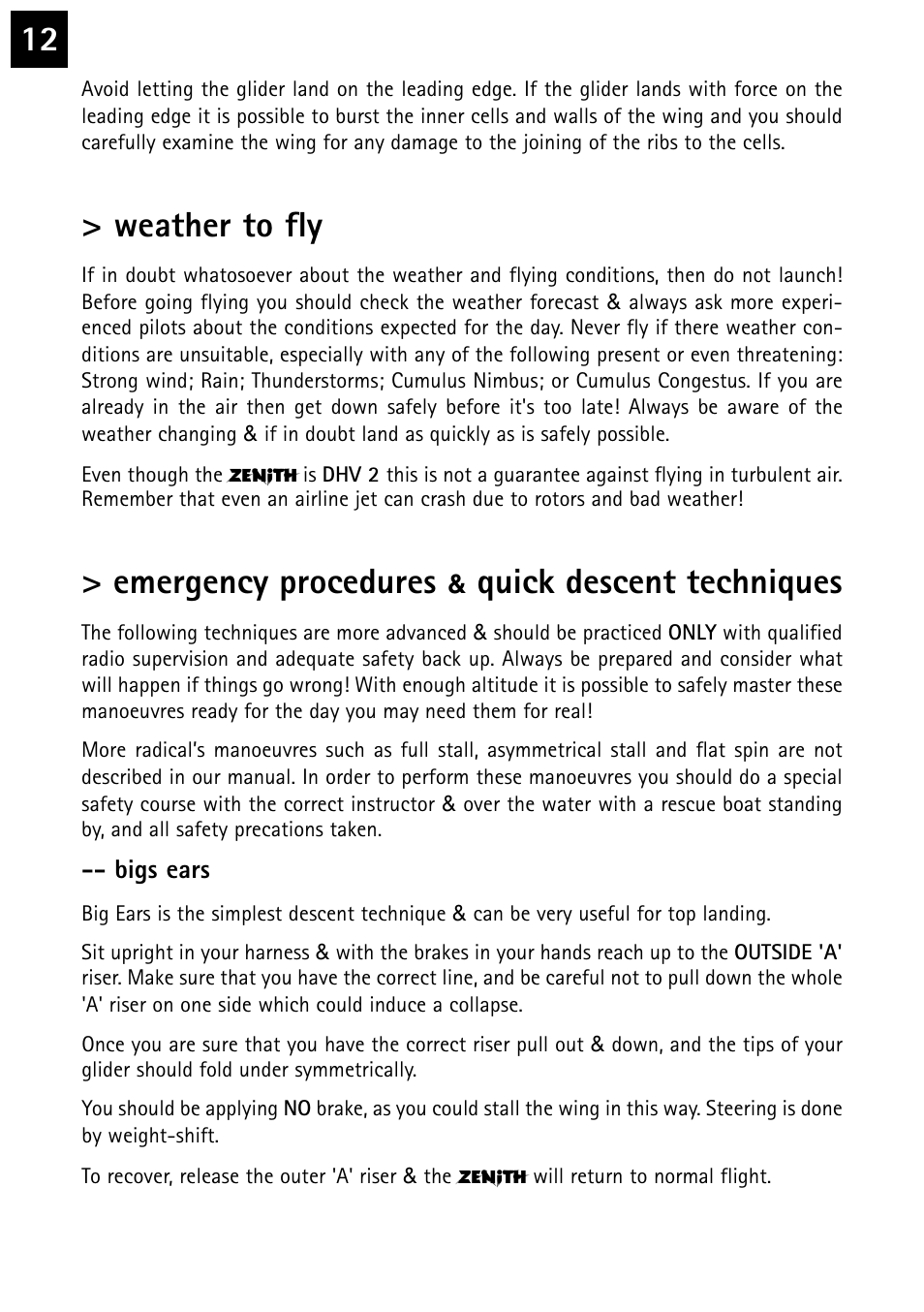 Weather to fly, Emergency procedures, Quick descent techniques | Windtech zephyr-2 User Manual | Page 12 / 20