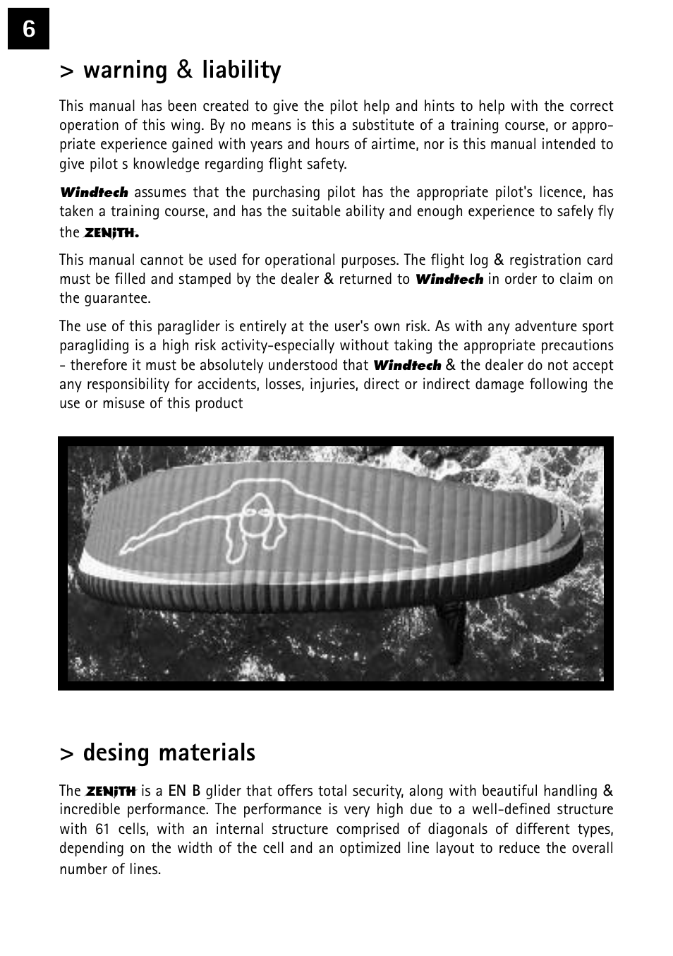 6> warning & liability, Desing materials | Windtech zephyr-2 User Manual | Page 6 / 20
