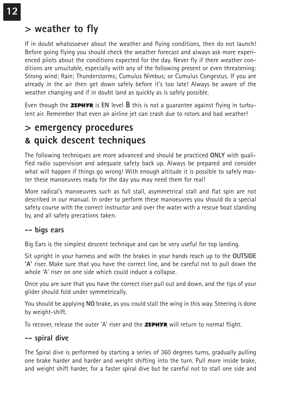 12 > weather to fly, Emergency procedures, Quick descent techniques | Windtech zephyr User Manual | Page 12 / 20