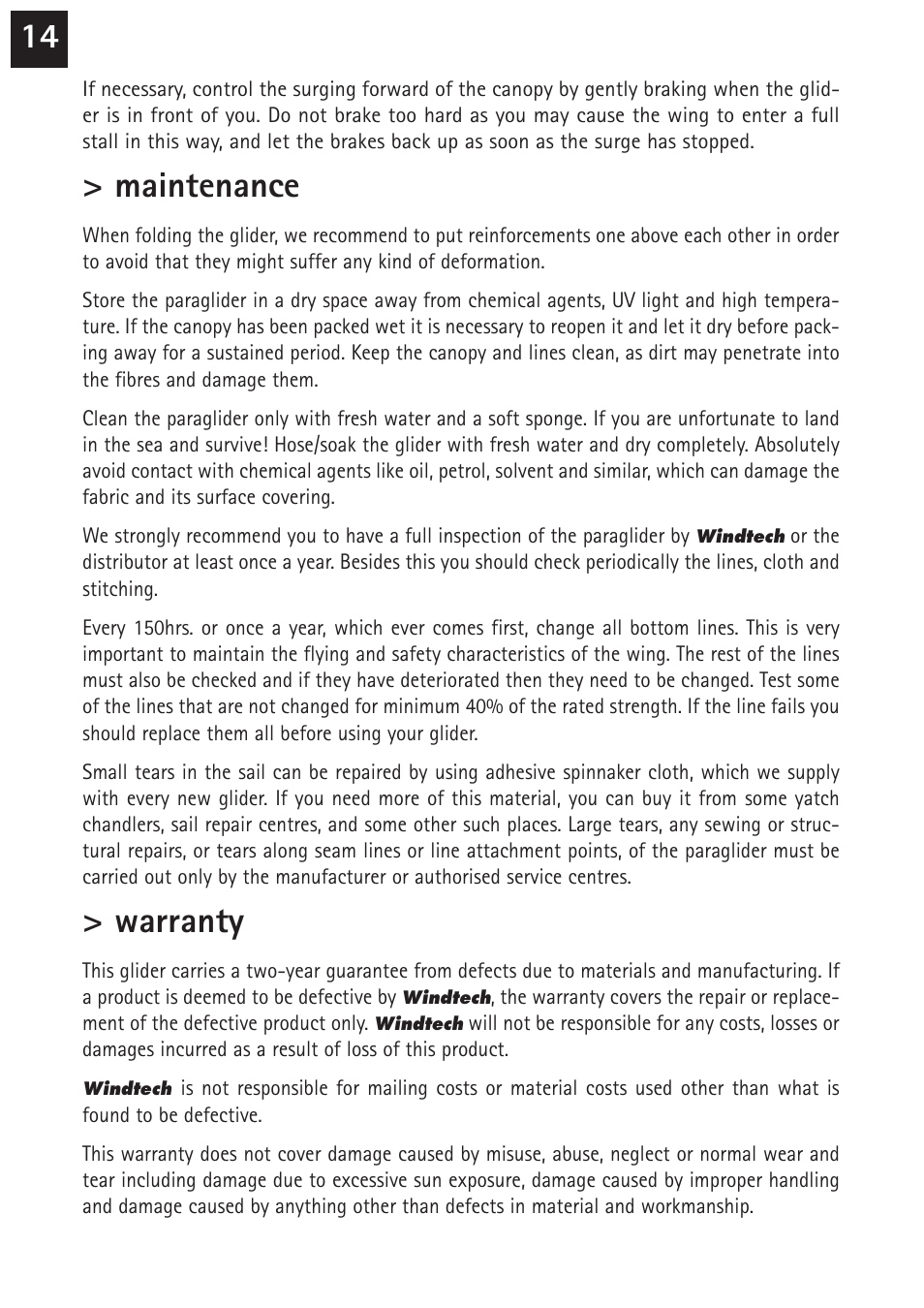 Maintenance, Warranty | Windtech zephyr User Manual | Page 14 / 20