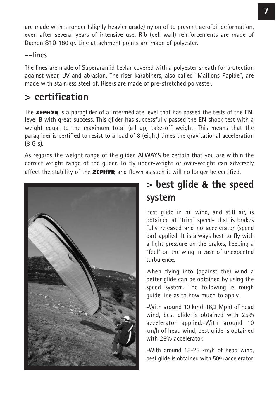 Certification, Best glide, The speed system | Windtech zephyr User Manual | Page 7 / 20