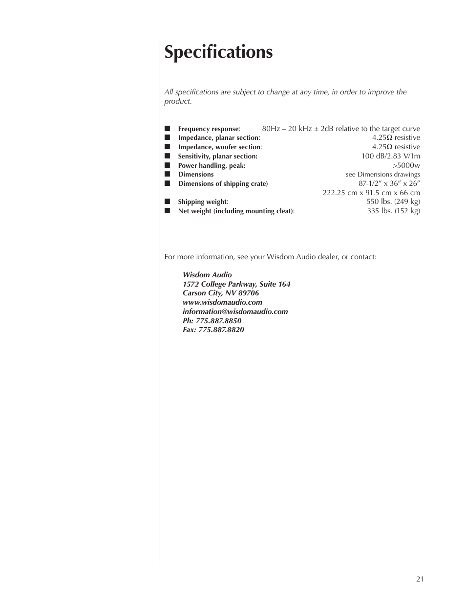 Specifications | Wisdom Audio Wisdom Series LS3/4 User Manual | Page 21 / 26